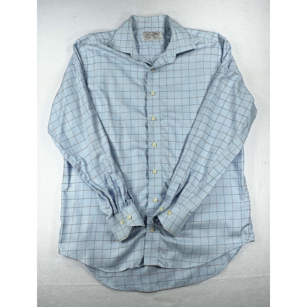 Lorenzo Uomo Mens 16.5 34/35 Trim Fit Blue Check Cotton Dress Shirt Casual